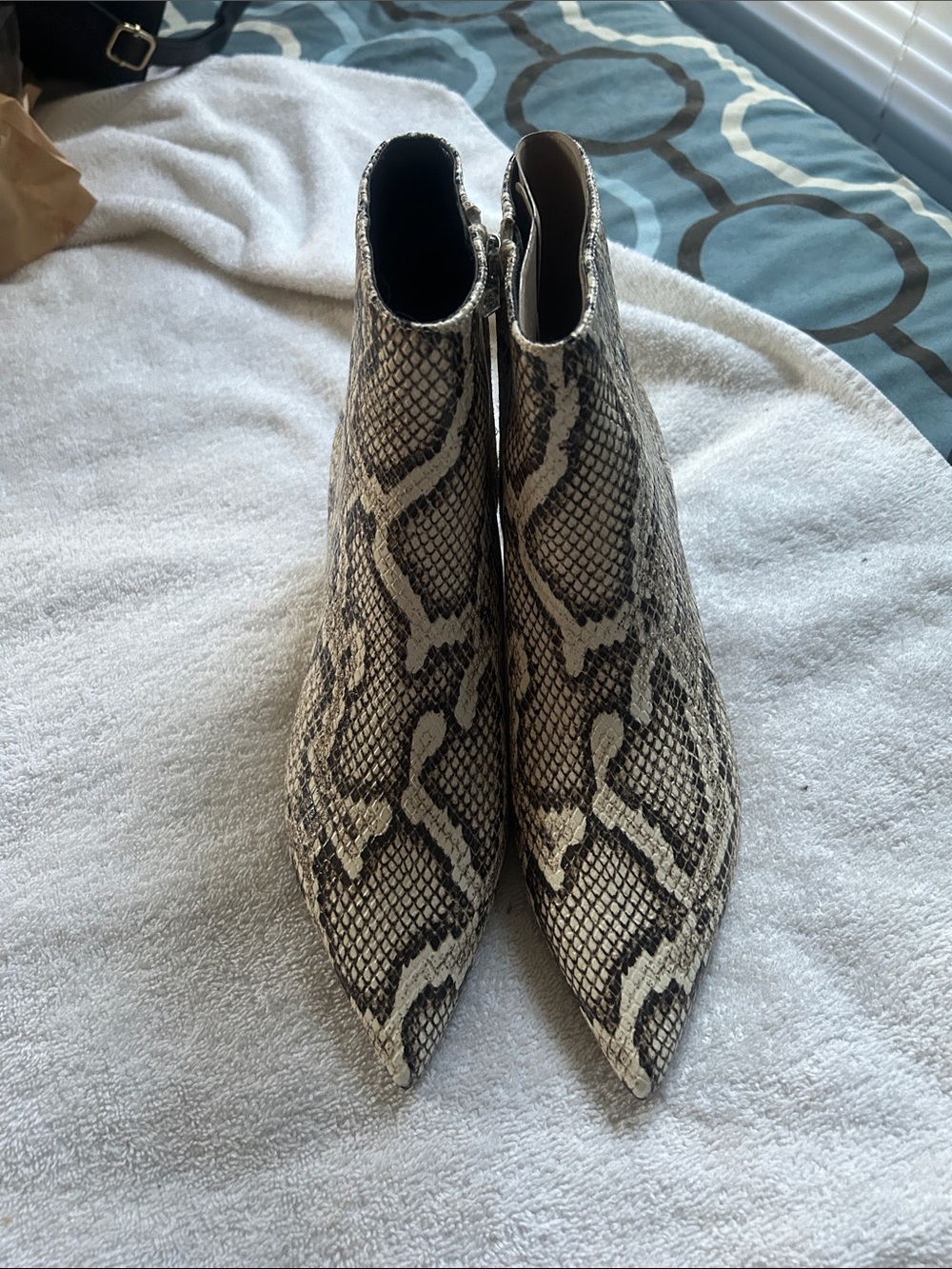 Marc Fisher Pointed Snake-Print Ankle Booties in Beige and Black